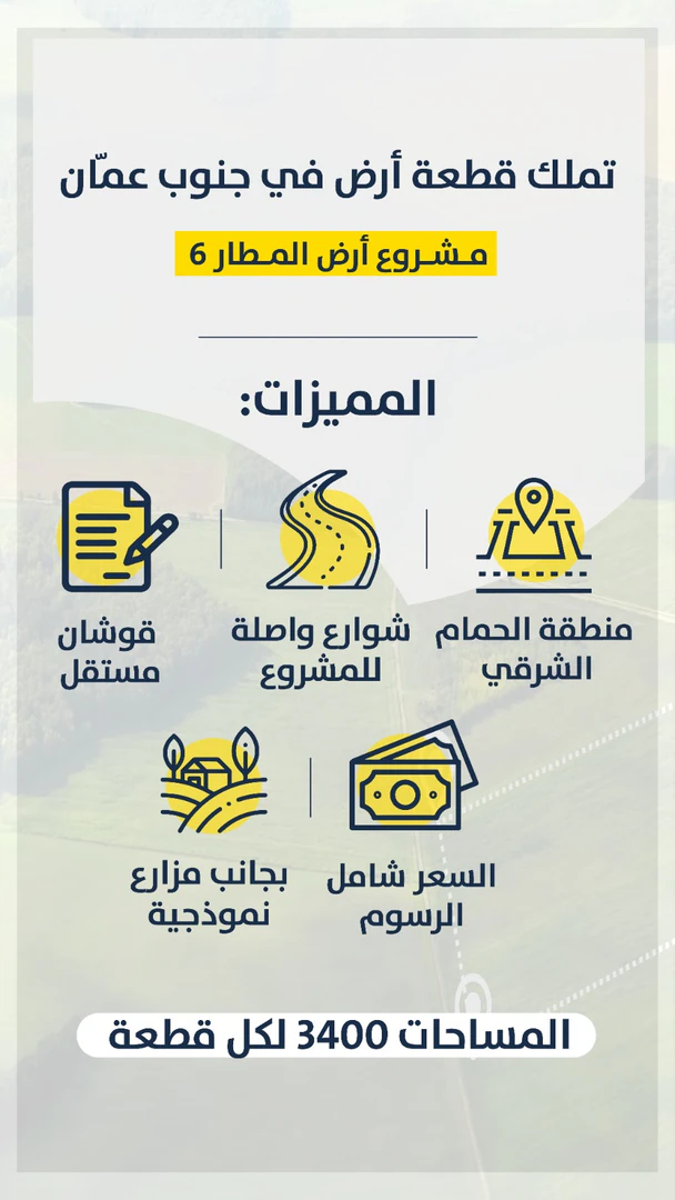 أرض في مشروع أرض المطار- جنوب عمان- الحمام الشرقي - 7,000 دأ - صورة 1