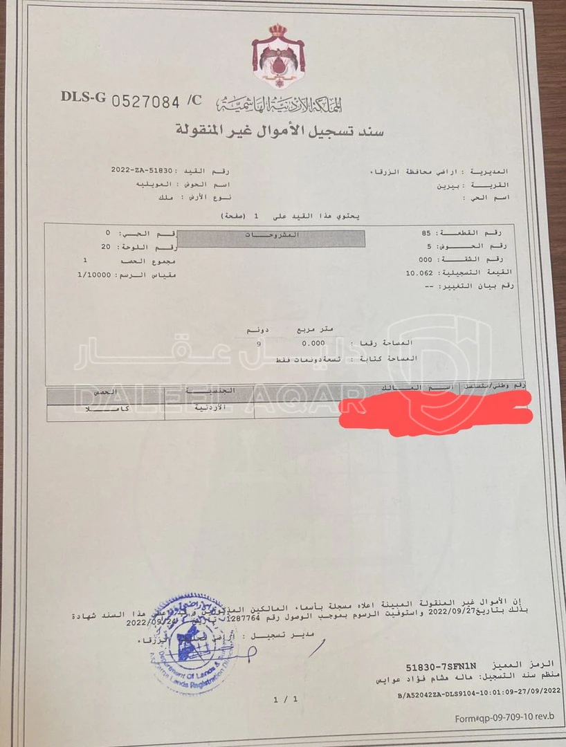 أرض في ارض للبيع بمحافظة الزرقاء بيرين / العويليه بسعر مغري - 80,000 دأ - صورة 1