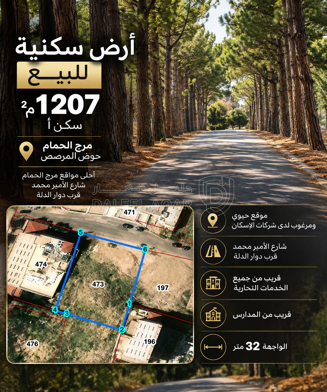 أرض في قطعة ارض للبيع مرج الحمام مساحة 1207 متر سكن أ شار - 285,000 دأ - صورة 2