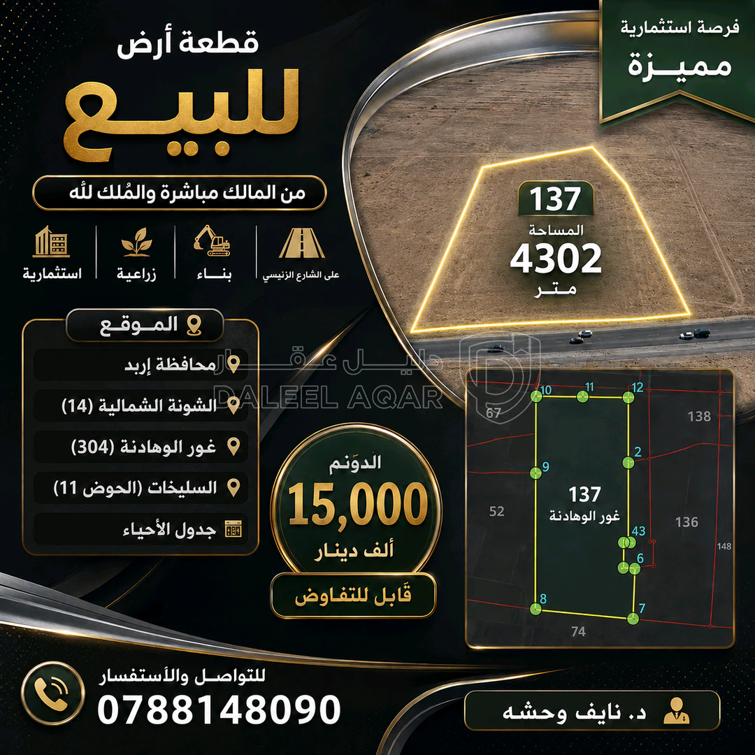 أرض في ارض للبيع الشونه الشماليه السليخات  - 65,000 دأ - صورة 1
