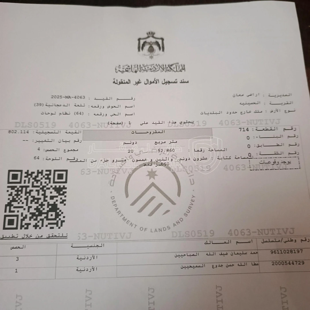 أرض في معان الحسينيه - 6,000 دأ - صورة 1