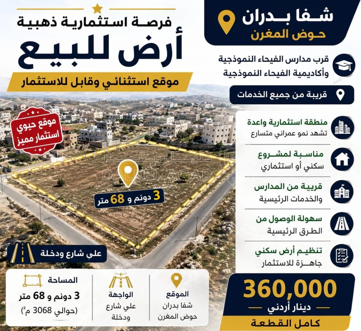 أرض في شفا بدران المقرن قرب اكاديمية الفيحاء النموذجية - 360,000 دأ - صورة 1
