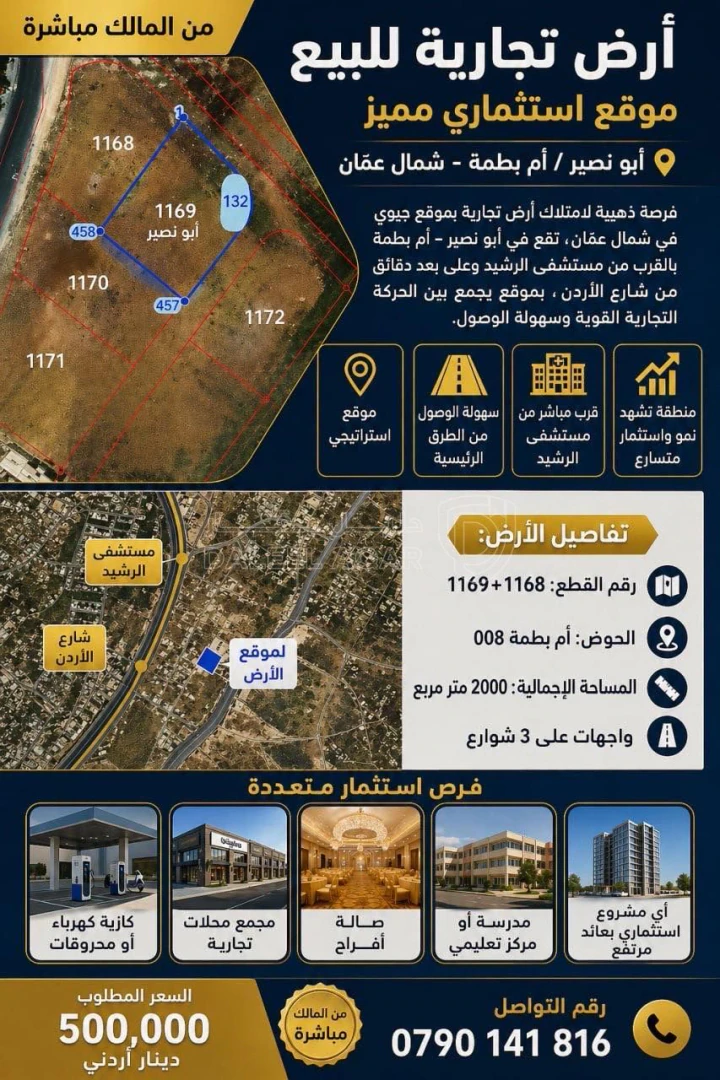 أرض في ارض تجارية للبيع موقع استثماري مميز ابو نصير  - 500,000 دأ - صورة 1